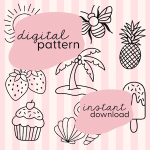Könnte beinhalten: Ein digitales Muster mit einer Vielzahl von niedlichen Illustrationen, darunter eine Ananas, eine Biene, eine Palme, Erdbeeren, eine Muschel, ein Cupcake und ein Eis am Stiel. Der Text "digital pattern" und "instant download" ist im Bild enthalten.