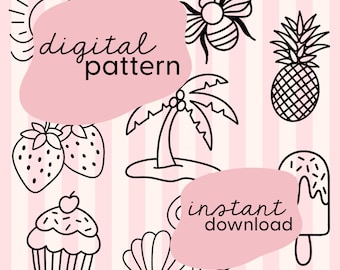 Summer / beach stick and stitch digital pattern / Stick and stitch embroidery patches / Kids embroidery patches / Pick and stitch embroidery