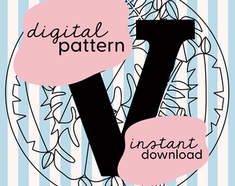 Letter 'V' jungle leaf embroidery pattern / Leaf embroidery pattern / Personalised initial embroidery pattern / Digital embroidery pattern