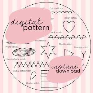 Puede incluir: Un fondo a rayas rosa y blanco con un círculo que contiene varios puntos de bordado. Los puntos están etiquetados con sus nombres, incluyendo nudo colonial, punto de corazón, punto de atrás, punto de estrella, punto de cardo, punto de pluma, punto de espiga, punto de satén radial y punto de Ceilán. El texto "patrón digital" y "descarga instantánea" también se incluye en la imagen.