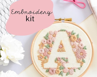 Floral initial embroidery kit / Beginner embroidery kit / Flower embroidery kit / Embroidery kit for beginners