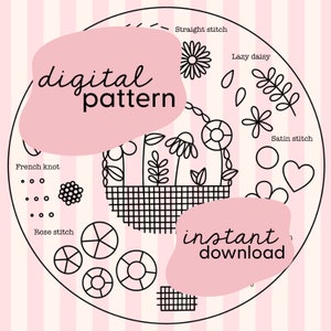 Könnte beinhalten: Ein digitales Stickmuster mit einem Blumenkorb mit verschiedenen Stichen, darunter Steppstich, Lazy Daisy, Satinstich, französische Knoten und Rosen-Stich. Das Muster ist zum sofortigen Download verfügbar.
