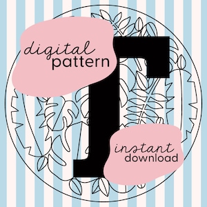 May include: A digital pattern with a large black number one in the center. The number one is surrounded by a circle of black and white leaves. The background is a blue and white striped pattern. The text "digital pattern" and "instant download" is written in pink.