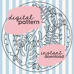 May include: A digital pattern featuring a black and white line drawing of tropical leaves on a blue and white striped background. The text "digital pattern" and "instant download" is included in pink.