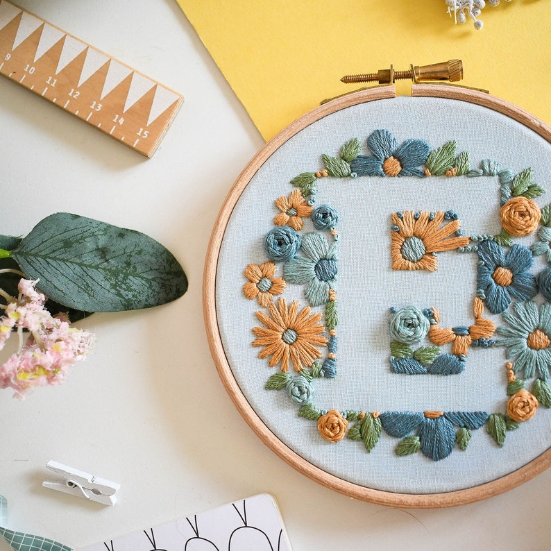 Coloured Fabric Floral Initial Embroidery Kit / Beginner embroidery kit / Flower embroidery kit / Embroidery kit for beginners image 6