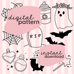 Puede incluir: Un patrón digital con una variedad de ilustraciones de temática de Halloween, que incluyen un fantasma, una telaraña, un caldero, una lápida, una botella de poción, un murciélago y una varita mágica. El texto "digital pattern" y "instant download" está incluido en la imagen.