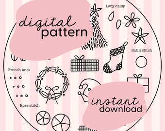 Christmas Beginner Embroidery Pattern / 10 Step Stitch Sampler / Beginner Embroidery Pattern / Christmas Embroidery Pattern