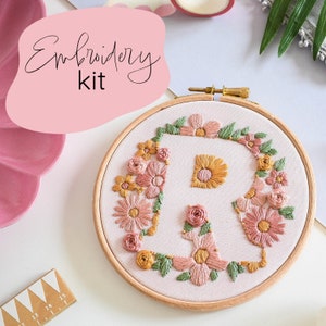 Coloured Fabric Floral Initial Embroidery Kit / Beginner embroidery kit / Flower embroidery kit / Embroidery kit for beginners image 1