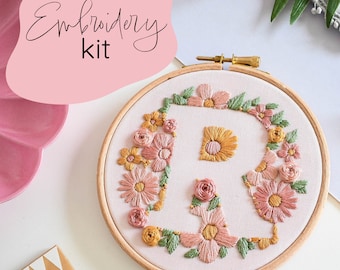 Coloured Fabric Floral Initial Embroidery Kit / Beginner embroidery kit / Flower embroidery kit / Embroidery kit for beginners