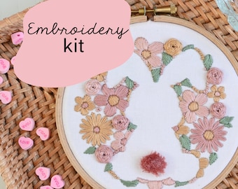 Easter Bunny Floral Embroidery Kit / Beginner embroidery kit / Flower embroidery kit / Embroidery kit for beginners