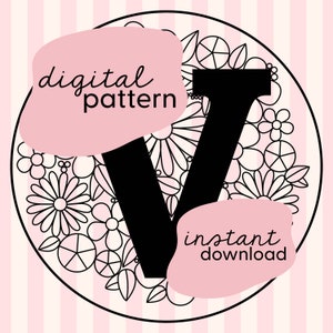 Padrão de bordado da letra 'V' / Download digital em PDF / Bordado floral / Padrão de bordado de flores em PDF / Padrão digital de bordado