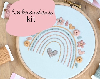 Rainbow Beginner Embroidery Kit / Beginner tutorial embroidery kit / Floral embroidery kit / Embroidery kit for beginners / Pick and stitch