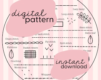 Puede incluir: Un fondo de rayas rosa y blanco con un círculo que contiene una variedad de puntadas de bordado. El círculo tiene el texto "digital pattern" e "instant download" en rosa.