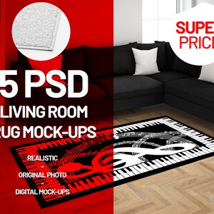 May include: A black and white rug with a piano key design and musical notes. The rug is in a living room setting with a black sofa. Text on the image reads "5 PSD LIVING ROOM RUG MOCK-UPS" and "SUPER PRICE".