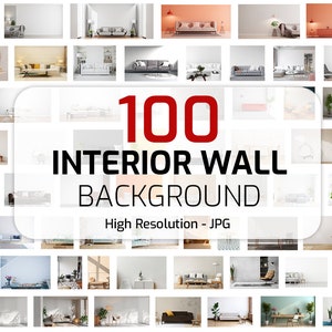 Pode incluir: Uma colagem de 100 imagens de fundo de parede interior de alta resolução. As imagens apresentam várias configurações de sala de estar com móveis, plantas e decoração. As imagens são perfeitas para usar em projetos de design, apresentações e maquetes.