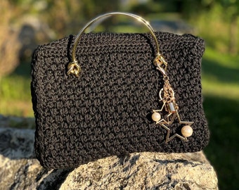 Handmade Bag/Black Handmade Bag/Hand Craft Bag/Top Handle Bag/Macrame Bag/Knitted Bag/Woven Bag/Black Bag
