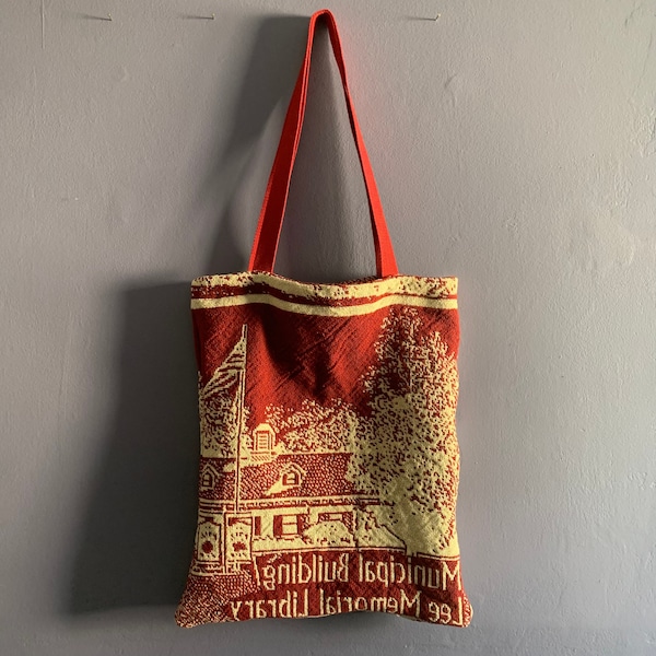 Vintage Tapestry Blanket Tote Bag, Small Town Landmarks