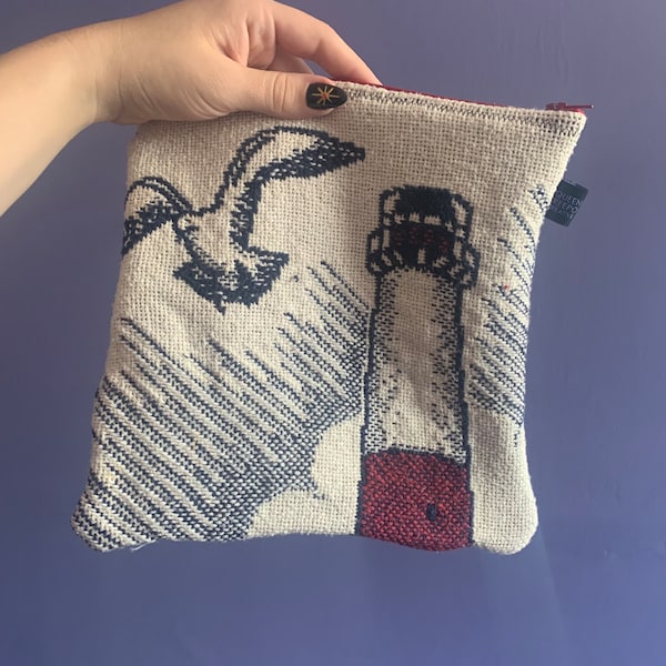 Jersey Shore Lighthouse Nautical Compass Large Pouch, Upcycled Vintage Tapestry Blanket