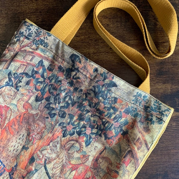 Medieval Painting Tote Bag, Upcycled Table Cloth