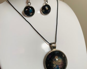 Midnight Glitter Bezel Pendant and Earrings Set