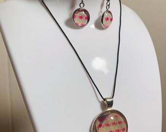 Pink Hearts Bezel Pendant and Earrings Set