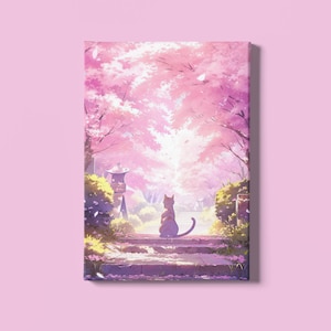 Anime Cat, Anime Wall Art, Cherry Blossom Trees, Anime Background, Japanese Studio Ghibli Style, Pink Japan Art, Digital Download Anime