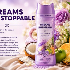 May include: A purple plastic bottle of Dreams Unstoppable scent booster with a cat-ear shaped cap. The label features text, a heart-shaped window showing purple beads, and images of pineapple, orange, apple, coconut, and flowers. Net weight 375g.