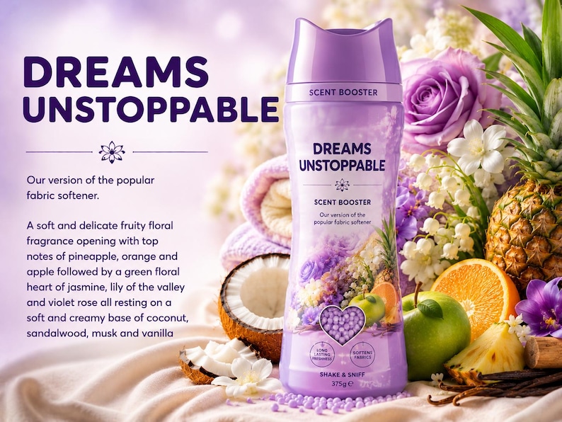 May include: A purple plastic bottle of Dreams Unstoppable scent booster with a cat-ear shaped cap. The label features text, a heart-shaped window showing purple beads, and images of pineapple, orange, apple, coconut, and flowers. Net weight 375g.