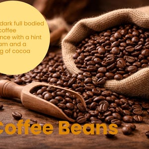 May include: A burlap sack overflowing with roasted coffee beans, spilling onto a wooden surface. A wooden scoop holds more beans, with scattered beans around. The text "Coffee Beans" is displayed in orange.
