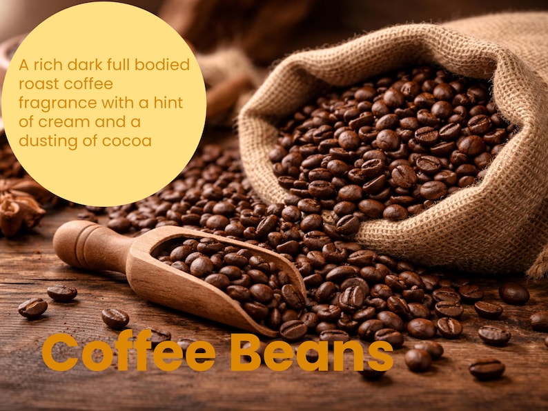 May include: A burlap sack overflowing with roasted coffee beans, spilling onto a wooden surface. A wooden scoop holds more beans, with scattered beans around. The text "Coffee Beans" is displayed in orange.