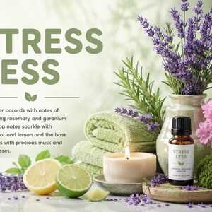 May include: A small amber glass bottle labeled STRESS LESS containing essential oil, positioned next to a lit candle, a stack of light green towels, a vase of lavender, pink flowers, lemon and lime slices, and a stack of smooth gray stones.
