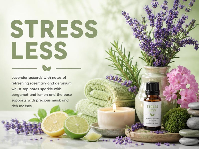 May include: A small amber glass bottle labeled STRESS LESS containing essential oil, positioned next to a lit candle, a stack of light green towels, a vase of lavender, pink flowers, lemon and lime slices, and a stack of smooth gray stones.