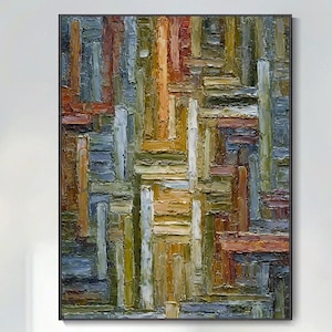 Gran óleo abstracto en tonos verdes modernos con líneas y textura hecha con espátula ideal para decorar salón pintura minimalista