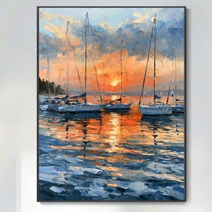 Hand Sunset Sailboat Harbor Oil Painting Abstract Texture Canvas Nautical Seascape Wall Art Original Ocean Sunset Art Coastal Living Room