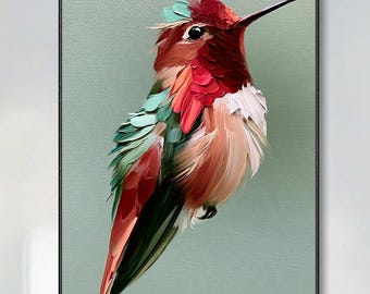 Original Hand Hummingbird Canvas Oil Painting Modern Bird Portrait Wall Art Colorful Wildlife Art For Living Room Decor Christmas Gift