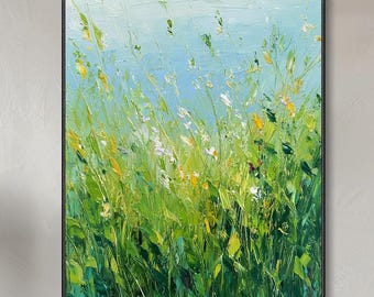 Original Wildflower Meadow Oil Painting Abstract Hand Textured Green Grass Floral Wall Art Original Spring Landscape Art For Living Room