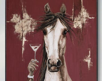Hand Painted Funny Horse Holding Martini Glass Canvas Oil Painting Original Custom Wall Art Whimsical Animal Portrait For Bar And Living