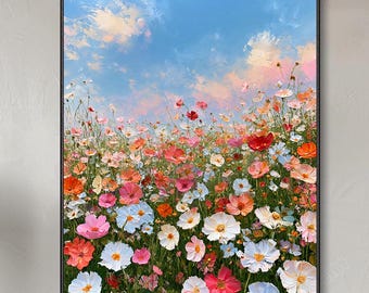 Abstract Hand Wildflower Meadow Oil Painting Modern Colorful Summer Flower Field Wall Art Blue Sky Floral Landscape Living Room Home Decor