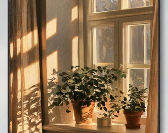 Abstract Hand Potted Plant By Window In Sunlight Canvas Oil Painting Modern Warm Light Still Life Original Custom Cozy Indoor Botanical Art