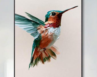 Abstract Hand Thick Texture Hummingbird Oil Painting Canvas Large Animal Portrait Vertical Wall Decor For Living Room Wildlife Original