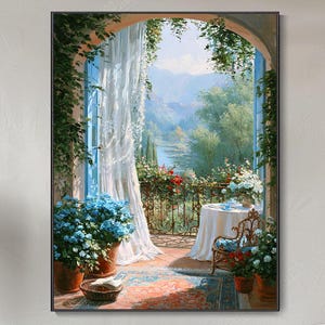 óleo pintado a mano jardín italiano con arco ventana paisaje toscana flores en balcón textura gruesa lienzo original decoración salón