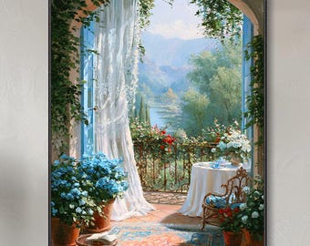 Italian Garden Arch Window View Hand Oil Painting Thick Impasto Knife Painting Tuscan Balcony Floral Landscape Large Vertical Retro Country