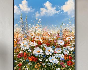 Modern Colorful Summer Flower Field Wall Art Abstract Hand Wildflower Meadow Oil Painting Blue Sky Floral Landscape Living Room Home Decor