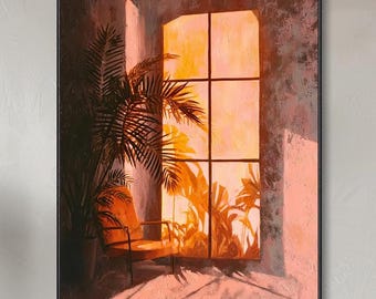 Modern Hand Sunset Through Window Oil Painting Original Warm Light Indoor Wall Art Tropical Plants Interior Scene Nature Landscape Decor For