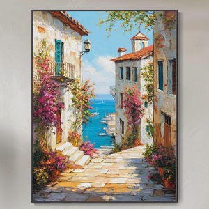 Óleo abstracto pueblo costero mediterráneo callejón buganvilla colores vivos lienzo vertical estilo cuchillo decoración verano marina