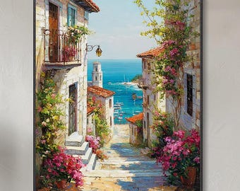 Modern Mediterranean Coastal Town Oil Painting Abstract Hand Painted Seaside Village Street Floral Wall Art Greek Original Seascape Decor