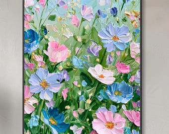 Pastel Wildflowers Meadow Hand Oil Painting Vibrant Spring Floral Canvas Wall Art Textured Thick Impasto Powder Blue Floral Decor Large