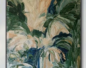 Abstract Hand Palm Tree Oil Painting Modern Textured Tropical Green Plant Wall Art Impasto Palette Knife Painting Living Room Wall Decor