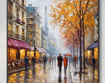 Abstract Hand Paris Street Scene Oil Painting Modern Custom Eiffel Tower Autumn Rain View French Romantic Cityscape Original Canvas Art Wall