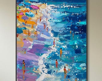 Blue Ocean Crowd Joy Texture Canvas Oil Painting Hand Beach Canvas Art Colorful Coastal Seascape Wall Decor Summer Ocean Home Decor Living